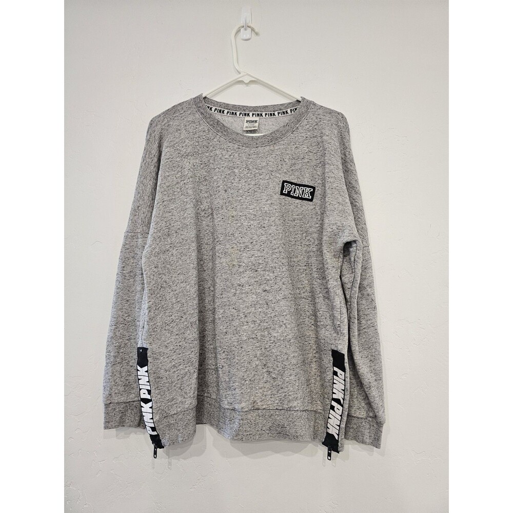 Victorias Secret PINK Sweatshirt Women's Medium Gray Fleece Logo Script Pullover